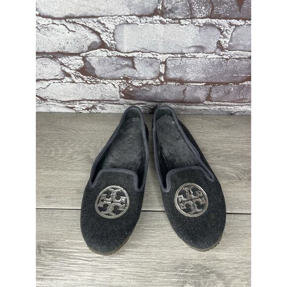 Tory Burch Billy Charcoal Gray Wool Logo Lamb Fur Slipper Flats Women 6M US/36.5 - Picture 1 of 16